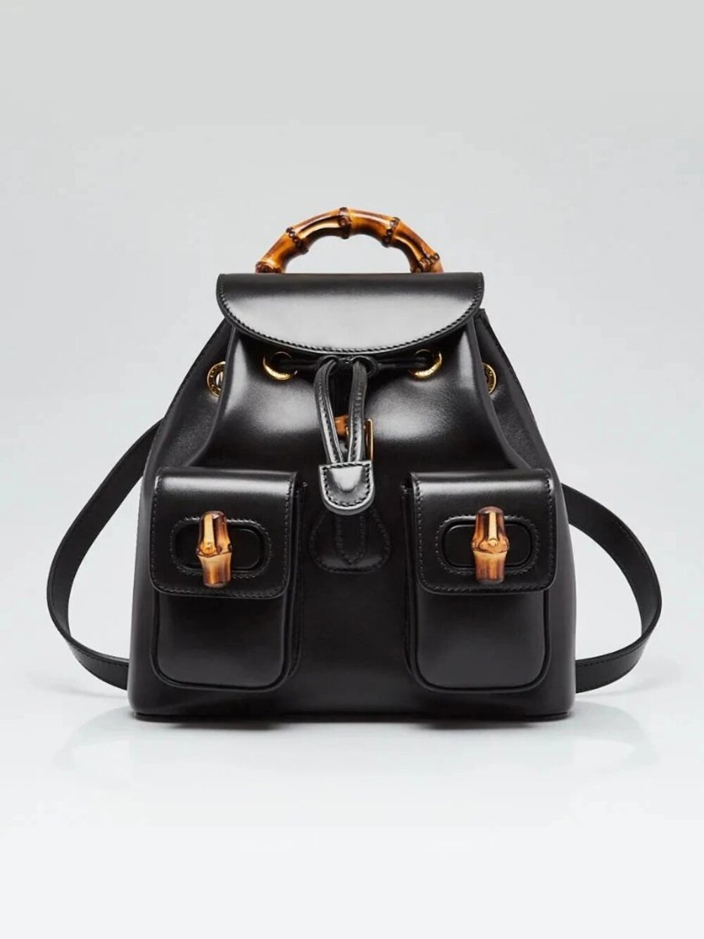 Gucci Black Smooth Leather Bamboo Handle Small Backpack Bag